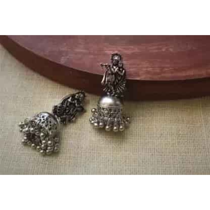Oxidised Silver Radha Krishna Jhumka Jhumki Earring For Women Brass Jhumki Earring | Save 33% - Rajasthan Living 6