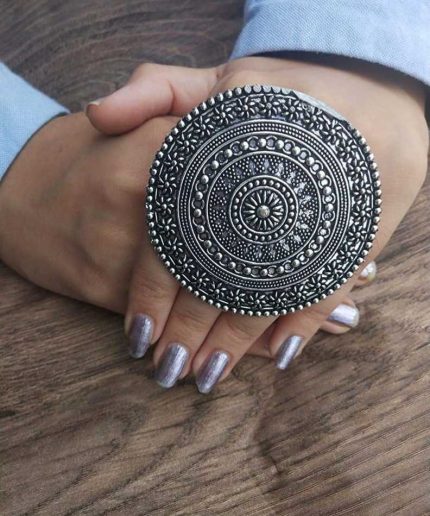 Karatique Handmade Floral Oxodised Oxidised Silver Plated/Dual Tone Ring Jewellery For Women Oxidised Silver Toned Textured Adjustable Ring Brass Ring | Save 33% - Rajasthan Living