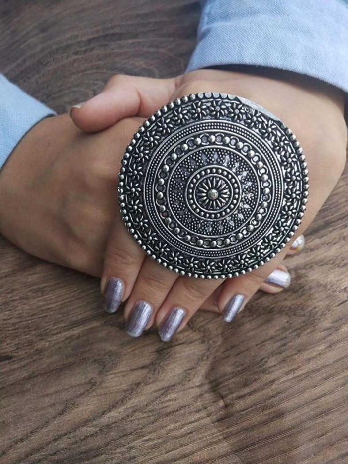 Karatique Handmade Floral Oxodised Oxidised Silver Plated/Dual Tone Ring Jewellery For Women Oxidised Silver Toned Textured Adjustable Ring Brass Ring | Save 33% - Rajasthan Living 5