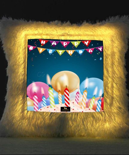 Vickvii Printed Happy Birthday With Ballons And Candles Led Cushion With Filler (38*38CM) | Save 33% - Rajasthan Living