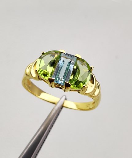 Blue Topaz and Peridot Ring, Baguette Cut Half Moon Ring, December & August Birthstone, Unique Modern Ring, Sterling Silver, Gift For Her | Save 33% - Rajasthan Living