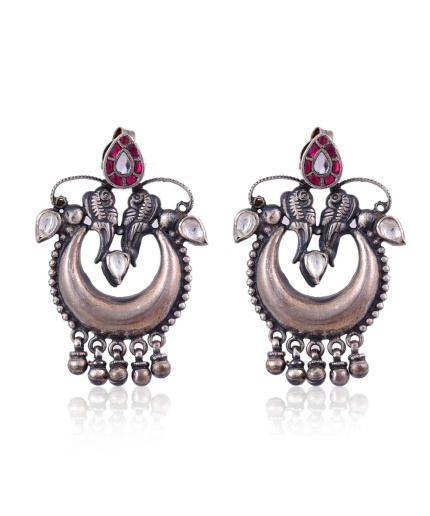 Sterling Oxidised Silver two peacock Kundan Earring | Save 33% - Rajasthan Living