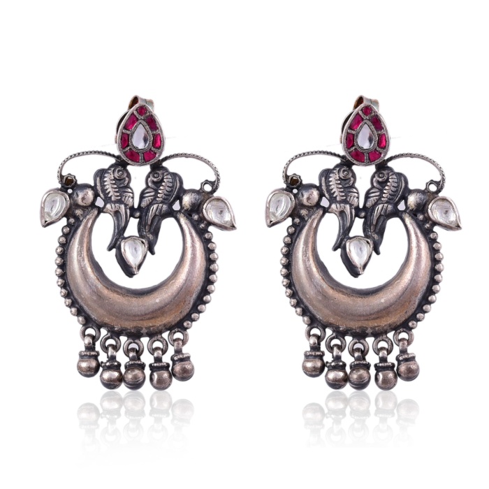 Sterling Oxidised Silver two peacock Kundan Earring | Save 33% - Rajasthan Living 6