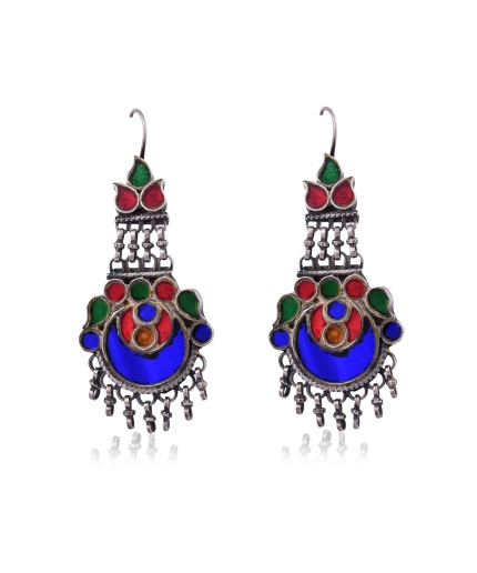 Silver oxidised Multi Glass Stone drop Earring | Save 33% - Rajasthan Living