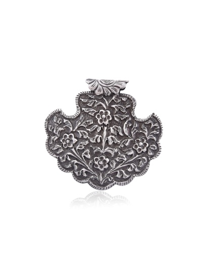 Silver Flower carving oxidised pendant | Save 33% - Rajasthan Living
