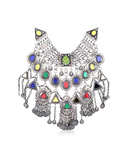 Silver antique multi glass stone necklace | Save 33% - Rajasthan Living