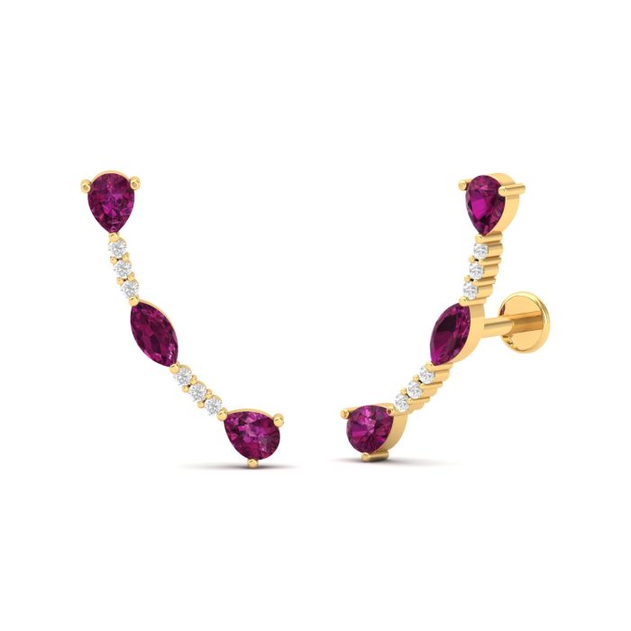 Natural Rhodolite Garnet 14K Dainty Ear Climbers, Gold Climber Stud Earrings For Women, January Birthstone Earring For Her, Handmade Jewelry | Save 33% - Rajasthan Living 6