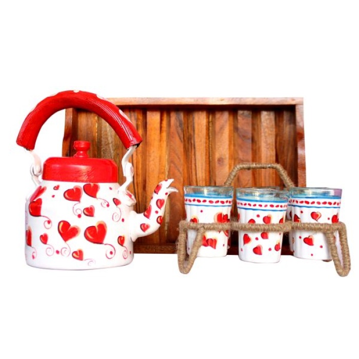 Valentine Special Handpainted Kettle Set With 6 Glass & 1 Trey | Save 33% - Rajasthan Living 5