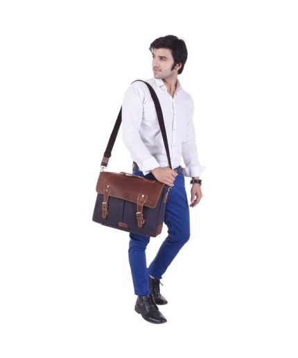 iHandikart 16X12 inches Blue Canvas and Brown Buffalo Leather Bag (IHK 1504) | Save 33% - Rajasthan Living 3