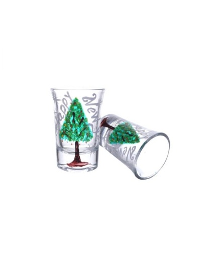 Handpainted Shot Glasses by iHandikart Handicrafts | Happy New Year with Christmas Tree Painting Design for Vodka Shots, Tequila Shot Glasses (Set of 2) IHK16020 | Save 33% - Rajasthan Living
