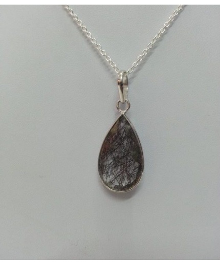 Natural Black Rutilated Quartz Pear Shaped Pendant in 925 Sterling Silver Rhodium | Save 33% - Rajasthan Living