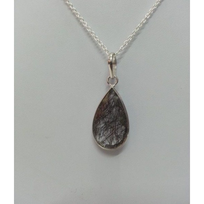 Natural Black Rutilated Quartz Pear Shaped Pendant in 925 Sterling Silver Rhodium | Save 33% - Rajasthan Living 6