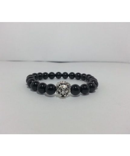 8mm Lion Head Bracelet with Natural Black Onyx Beads | Save 33% - Rajasthan Living