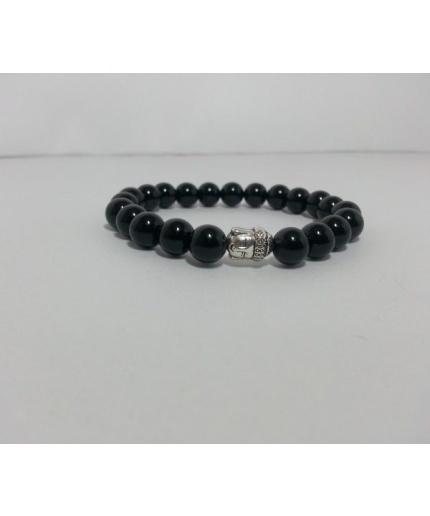 8mm Natural Black Onyx Smooth Round Beads Bracelet with Buddha Head | Save 33% - Rajasthan Living