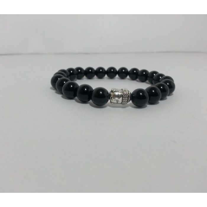8mm Natural Black Onyx Smooth Round Beads Bracelet with Buddha Head | Save 33% - Rajasthan Living 6