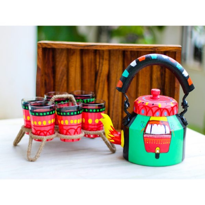 Handpainted Kettle Set With 6 Glasses & 1 Trey | Save 33% - Rajasthan Living 5