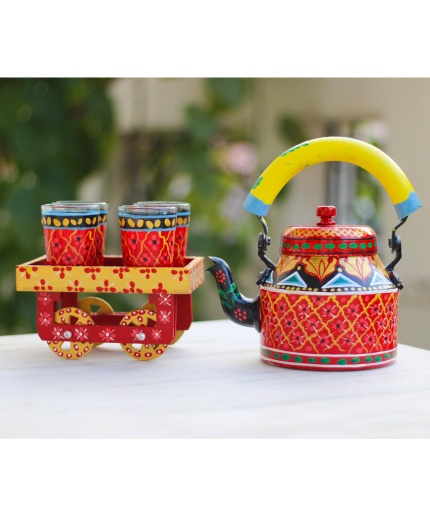 Handpainted Kettle Set 5040-T With 4 Glass & 1 Cart/Thela | Save 33% - Rajasthan Living