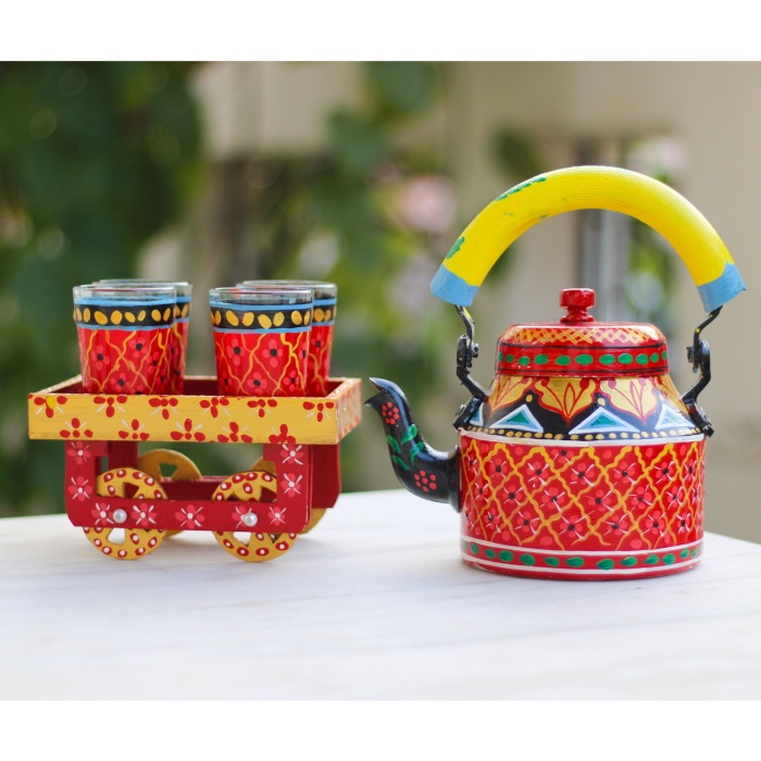 Handpainted Kettle Set 5040-T With 4 Glass & 1 Cart/Thela | Save 33% - Rajasthan Living 5