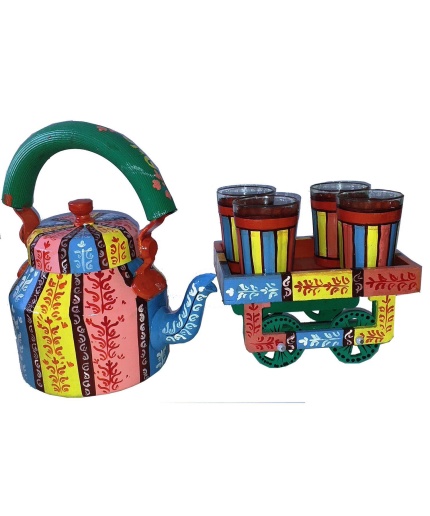 Handpainted Kettle Set 5064-T With 4 Glass & 1 Cart/Thela | Save 33% - Rajasthan Living