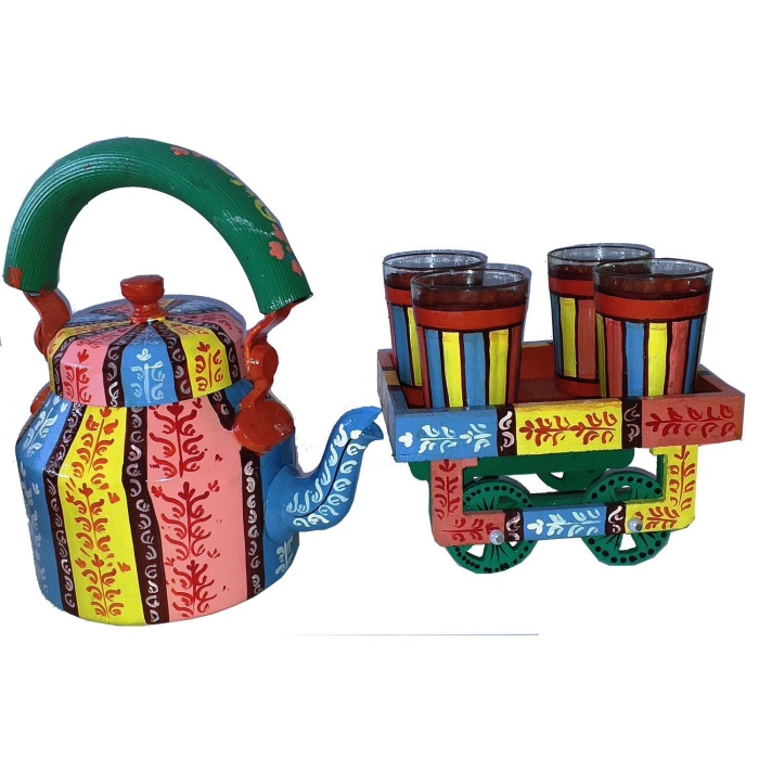 Handpainted Kettle Set 5064-T With 4 Glass & 1 Cart/Thela | Save 33% - Rajasthan Living 5