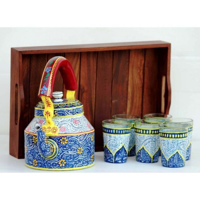 Kettle Set handpainted With 6 Glass & Trey | Save 33% - Rajasthan Living 6