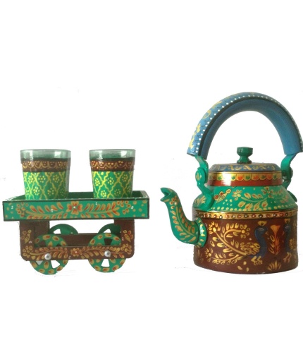 Handpainted Kettle Set 5072-T With 4 Glass & 1 Cart/Thela | Save 33% - Rajasthan Living