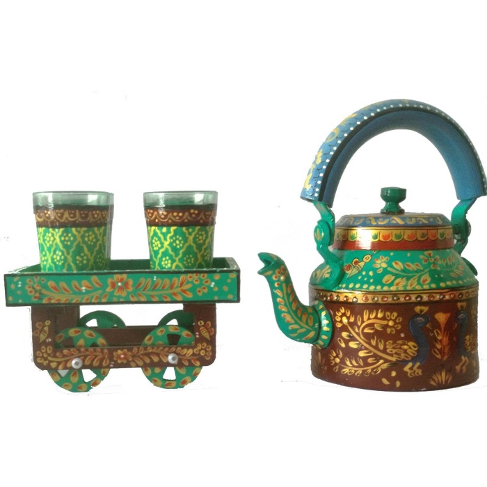 Handpainted Kettle Set 5072-T With 4 Glass & 1 Cart/Thela | Save 33% - Rajasthan Living 5