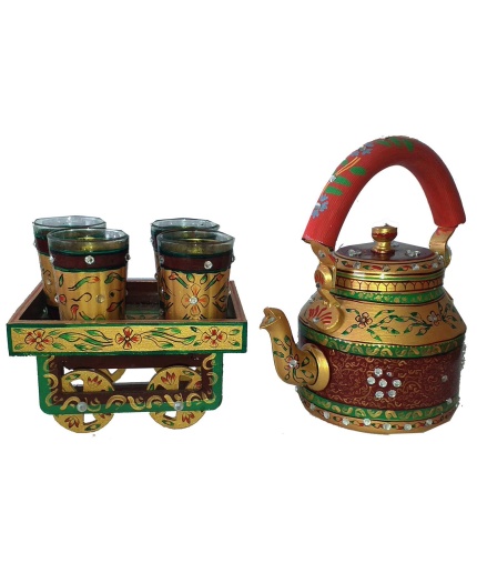 Handpainted Kettle Set 5075-T With 4 Glass & 1 Cart/Thela | Save 33% - Rajasthan Living