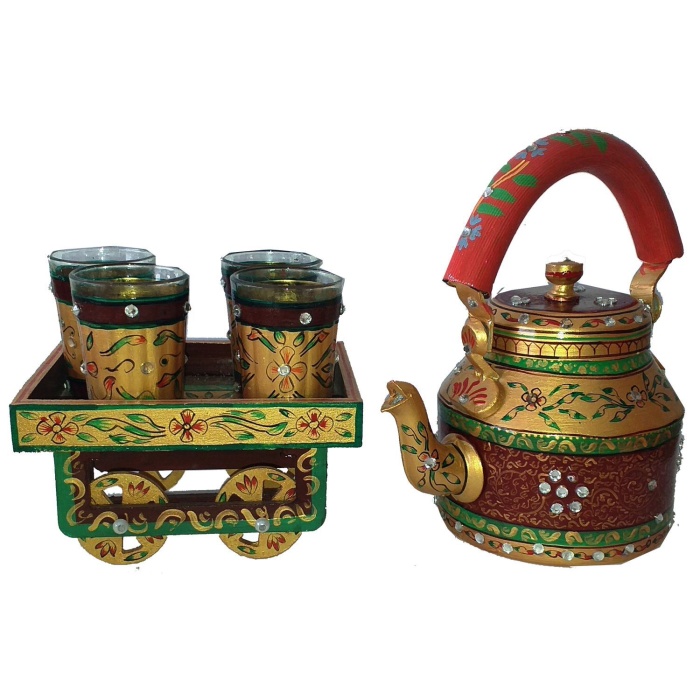 Handpainted Kettle Set 5075-T With 4 Glass & 1 Cart/Thela | Save 33% - Rajasthan Living 5
