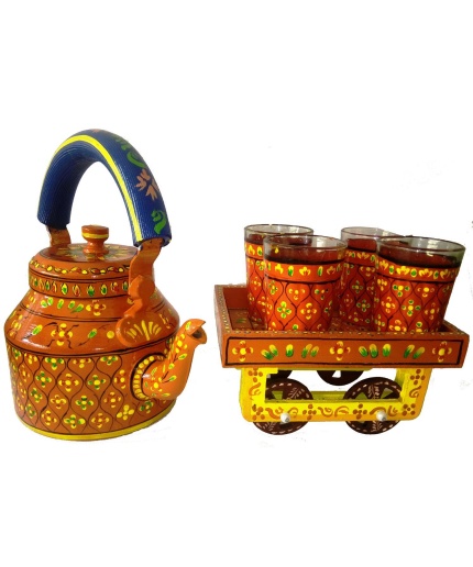 Handpainted Kettle Set 5076-T With 4 Glass & 1 Cart/Thela | Save 33% - Rajasthan Living