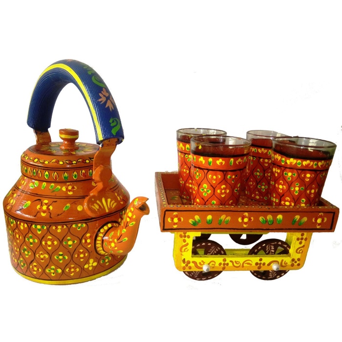 Handpainted Kettle Set 5076-T With 4 Glass & 1 Cart/Thela | Save 33% - Rajasthan Living 5