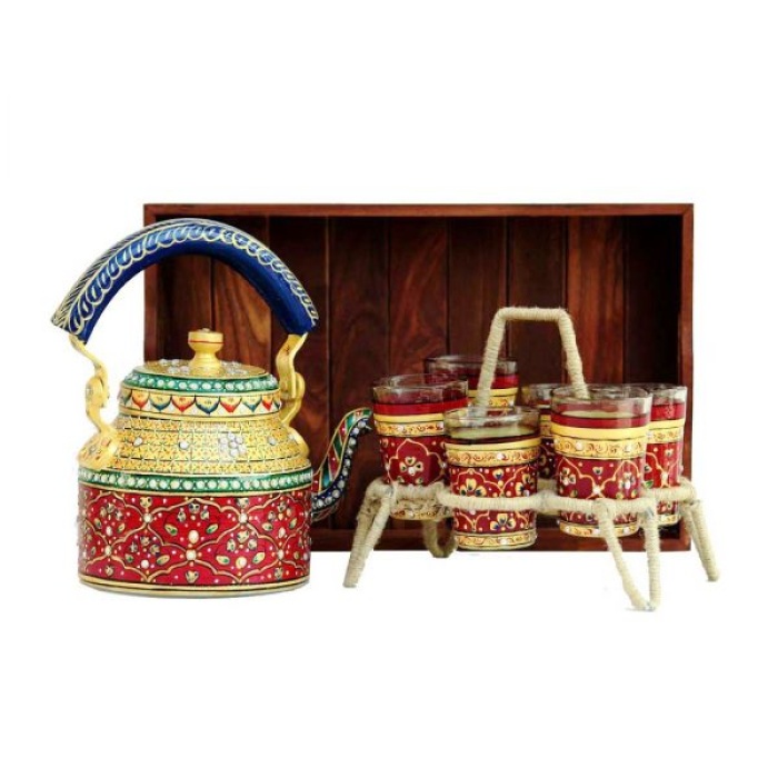 Handpainted Kettle Set With 6 Glasses & Trey | Save 33% - Rajasthan Living 5