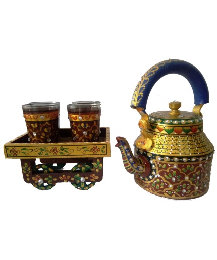 Handpainted Kettle Set 5078-T With 4 Glass & 1 Cart/Thela | Save 33% - Rajasthan Living
