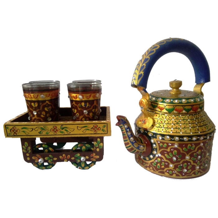 Handpainted Kettle Set 5078-T With 4 Glass & 1 Cart/Thela | Save 33% - Rajasthan Living 5