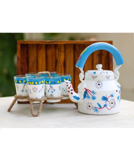 Kettle handpainted Set With 6 Glass & 1 Trey | Save 33% - Rajasthan Living