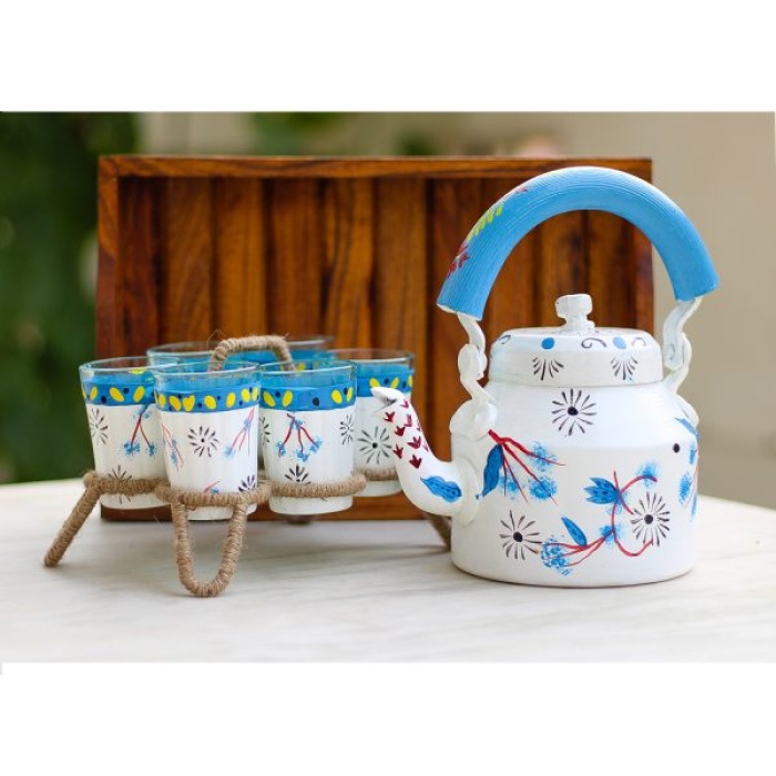 Kettle handpainted Set With 6 Glass & 1 Trey | Save 33% - Rajasthan Living 6