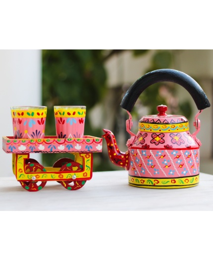 Handpainted Kettle Set 5151-T With 4 Glass & 1 Cart/Thela | Save 33% - Rajasthan Living