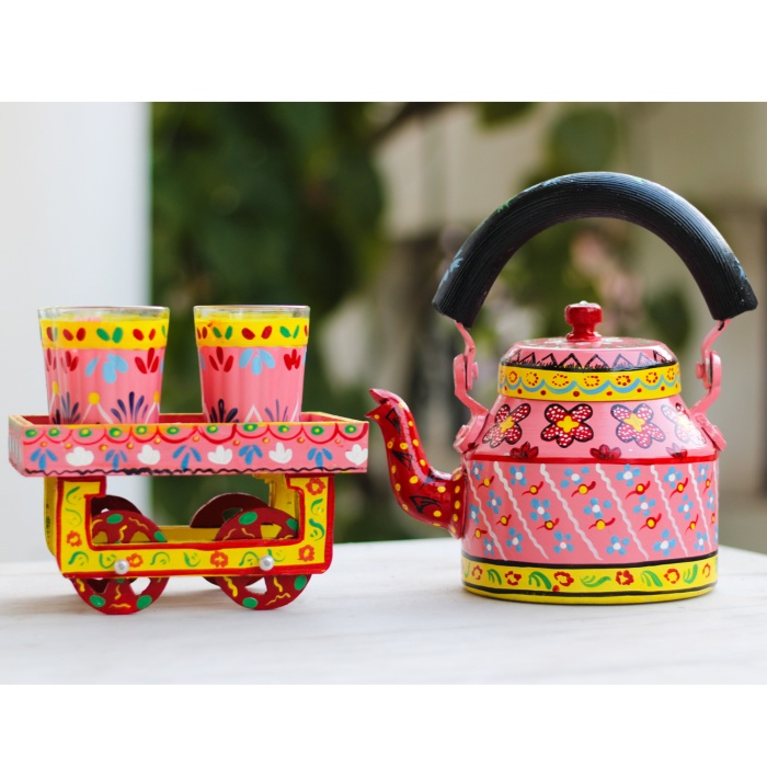 Handpainted Kettle Set 5151-T With 4 Glass & 1 Cart/Thela | Save 33% - Rajasthan Living 5