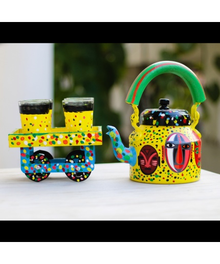 Handpainted Kettle Set 5152-T With 4 Glass & 1 Cart/Thela | Save 33% - Rajasthan Living