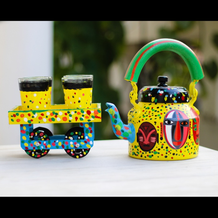 Handpainted Kettle Set 5152-T With 4 Glass & 1 Cart/Thela | Save 33% - Rajasthan Living 5