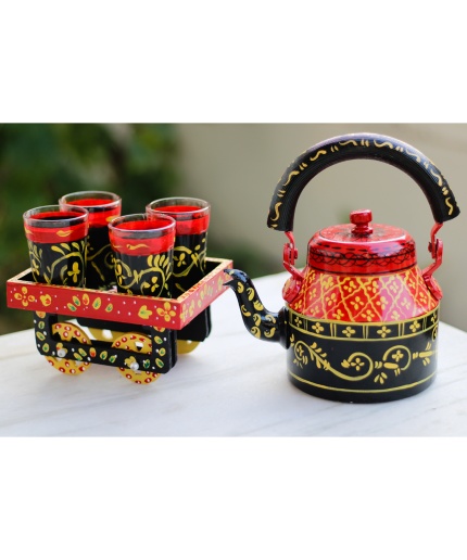 Handpainted Kettle Set 5153-T With 4 Glass & 1 Cart/Thela | Save 33% - Rajasthan Living 5