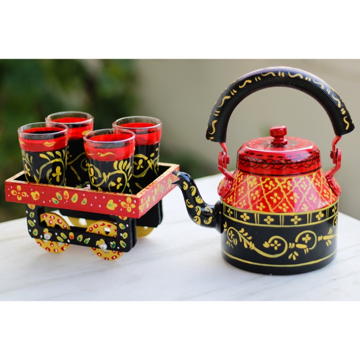 Handpainted Kettle Set 5153-T With 4 Glass & 1 Cart/Thela | Save 33% - Rajasthan Living 5