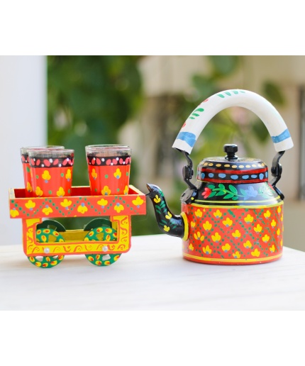 Handpainted Kettle Set 5154-T With 4 Glass & 1 Cart/Thela | Save 33% - Rajasthan Living
