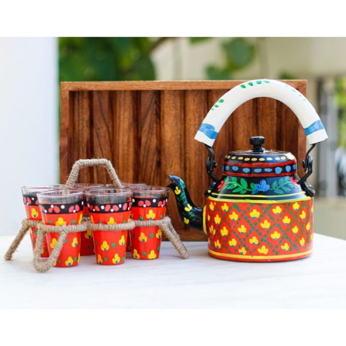 Handpainted Kettle Set With 6 Glass & Trey | Save 33% - Rajasthan Living 5