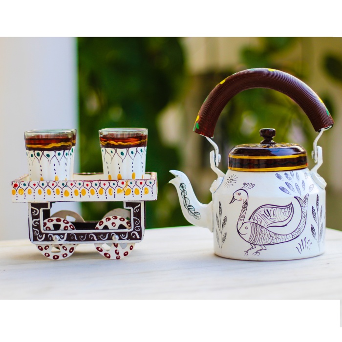 Handpainted Kettle Set 5155-T With 4 Glass & 1 Cart/Thela | Save 33% - Rajasthan Living 5