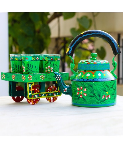 Handpainted Kettle Set 5156-T With 4 Glass & 1 Cart/Thela | Save 33% - Rajasthan Living