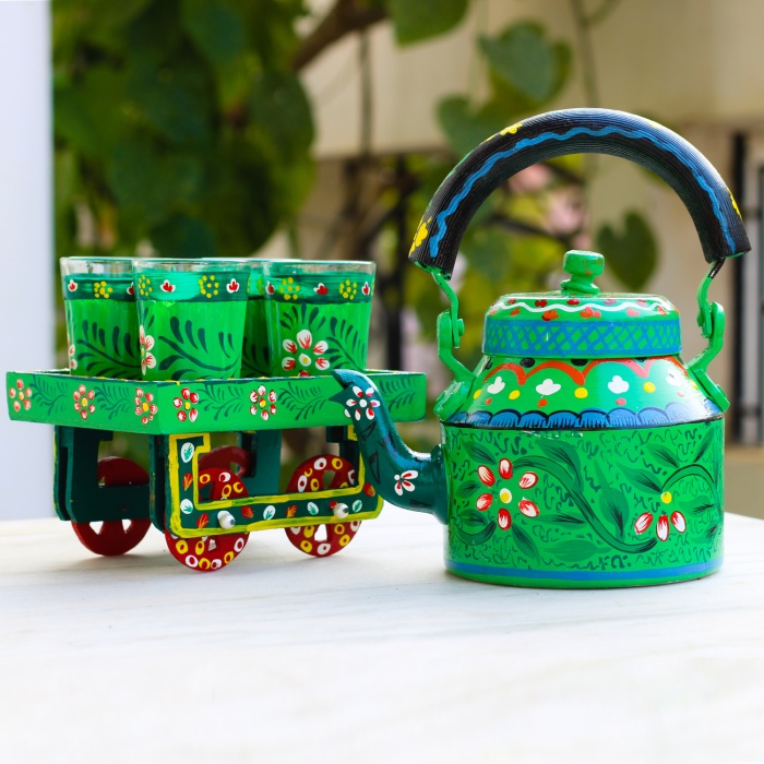 Handpainted Kettle Set 5156-T With 4 Glass & 1 Cart/Thela | Save 33% - Rajasthan Living 5