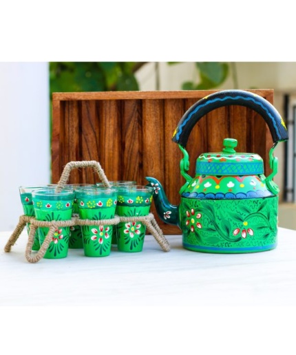 Kettle Set handpainted With 6 Glasses & Trey | Save 33% - Rajasthan Living