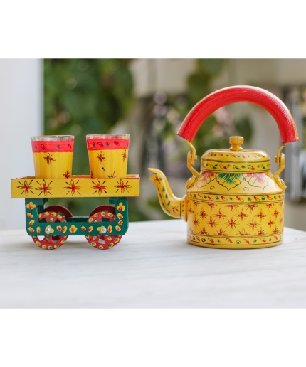 Handpainted Kettle Set 5157-T With 4 Glass & 1 Cart/Thela | Save 33% - Rajasthan Living