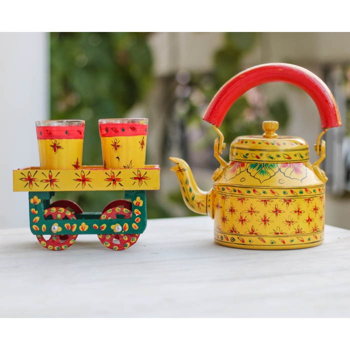 Handpainted Kettle Set 5157-T With 4 Glass & 1 Cart/Thela | Save 33% - Rajasthan Living 5